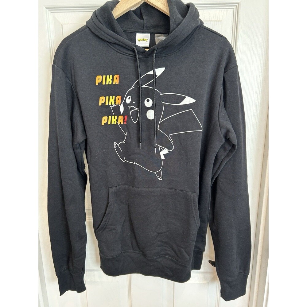 Pokemon Pikachu Hoodie Mens Small Black Graphic Pullover Fleece Pika Pika NWOT